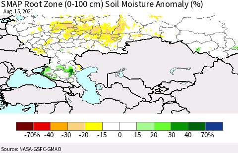 Russian Federation SMAP Root Zone (0-100 cm) Soil Moisture Anomaly (%) Thematic Map For 8/11/2021 - 8/15/2021