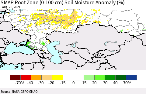 Russian Federation SMAP Root Zone (0-100 cm) Soil Moisture Anomaly (%) Thematic Map For 8/16/2021 - 8/20/2021