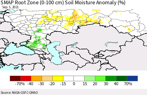 Russian Federation SMAP Root Zone (0-100 cm) Soil Moisture Anomaly (%) Thematic Map For 9/1/2021 - 9/5/2021