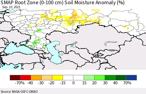 Russian Federation SMAP Root Zone (0-100 cm) Soil Moisture Anomaly (%) Thematic Map For 9/6/2021 - 9/10/2021
