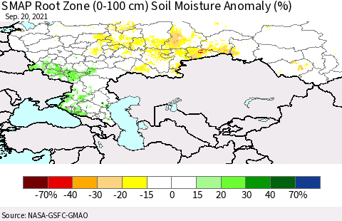 Russian Federation SMAP Root Zone (0-100 cm) Soil Moisture Anomaly (%) Thematic Map For 9/16/2021 - 9/20/2021