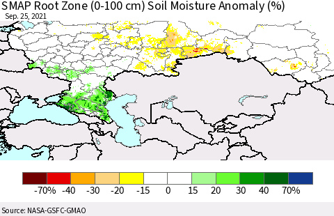 Russian Federation SMAP Root Zone (0-100 cm) Soil Moisture Anomaly (%) Thematic Map For 9/21/2021 - 9/25/2021