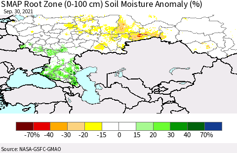 Russian Federation SMAP Root Zone (0-100 cm) Soil Moisture Anomaly (%) Thematic Map For 9/26/2021 - 9/30/2021