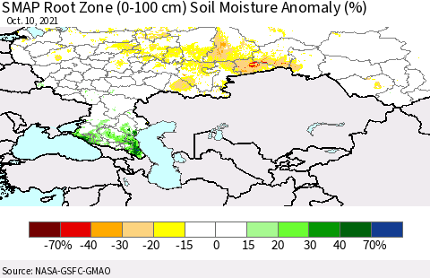 Russian Federation SMAP Root Zone (0-100 cm) Soil Moisture Anomaly (%) Thematic Map For 10/6/2021 - 10/10/2021