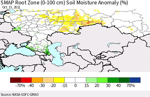 Russian Federation SMAP Root Zone (0-100 cm) Soil Moisture Anomaly (%) Thematic Map For 10/11/2021 - 10/15/2021
