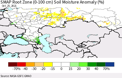 Russian Federation SMAP Root Zone (0-100 cm) Soil Moisture Anomaly (%) Thematic Map For 10/21/2021 - 10/25/2021