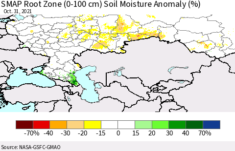Russian Federation SMAP Root Zone (0-100 cm) Soil Moisture Anomaly (%) Thematic Map For 10/26/2021 - 10/31/2021