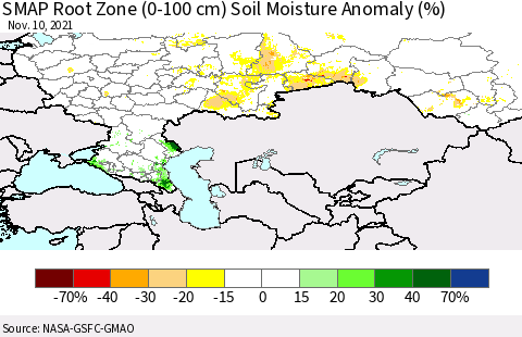 Russian Federation SMAP Root Zone (0-100 cm) Soil Moisture Anomaly (%) Thematic Map For 11/6/2021 - 11/10/2021