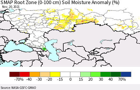 Russian Federation SMAP Root Zone (0-100 cm) Soil Moisture Anomaly (%) Thematic Map For 11/16/2021 - 11/20/2021