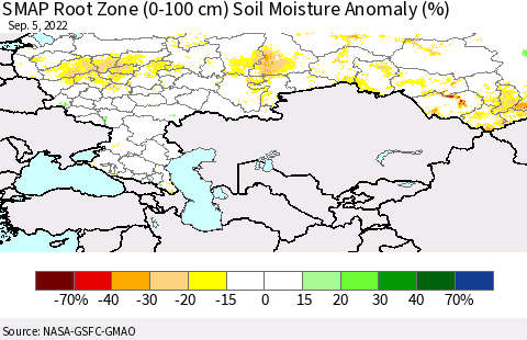 Russian Federation SMAP Root Zone (0-100 cm) Soil Moisture Anomaly (%) Thematic Map For 9/1/2022 - 9/5/2022