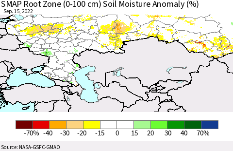 Russian Federation SMAP Root Zone (0-100 cm) Soil Moisture Anomaly (%) Thematic Map For 9/11/2022 - 9/15/2022