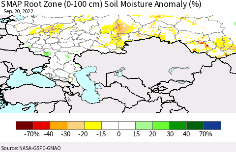 Russian Federation SMAP Root Zone (0-100 cm) Soil Moisture Anomaly (%) Thematic Map For 9/16/2022 - 9/20/2022