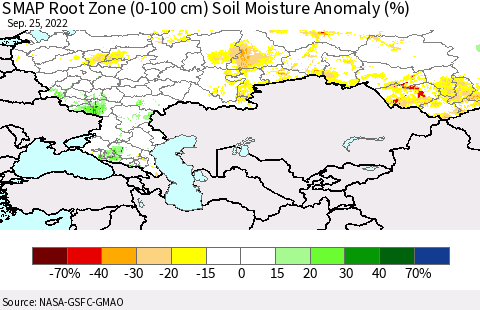 Russian Federation SMAP Root Zone (0-100 cm) Soil Moisture Anomaly (%) Thematic Map For 9/21/2022 - 9/25/2022