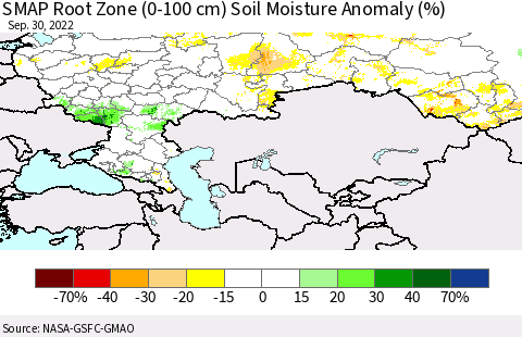 Russian Federation SMAP Root Zone (0-100 cm) Soil Moisture Anomaly (%) Thematic Map For 9/26/2022 - 9/30/2022