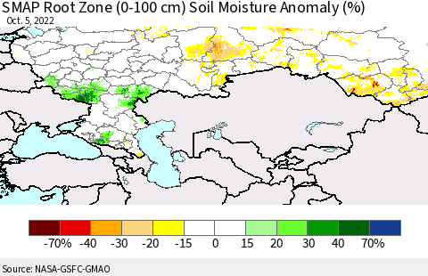 Russian Federation SMAP Root Zone (0-100 cm) Soil Moisture Anomaly (%) Thematic Map For 10/1/2022 - 10/5/2022