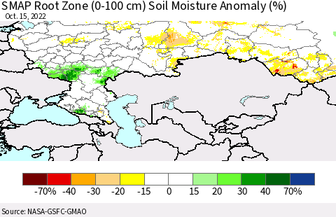 Russian Federation SMAP Root Zone (0-100 cm) Soil Moisture Anomaly (%) Thematic Map For 10/11/2022 - 10/15/2022