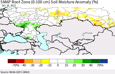 Russian Federation SMAP Root Zone (0-100 cm) Soil Moisture Anomaly (%) Thematic Map For 10/16/2022 - 10/20/2022