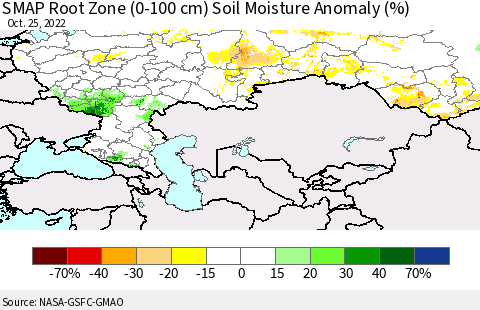 Russian Federation SMAP Root Zone (0-100 cm) Soil Moisture Anomaly (%) Thematic Map For 10/21/2022 - 10/25/2022