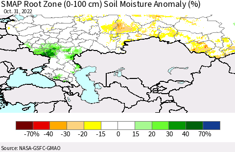Russian Federation SMAP Root Zone (0-100 cm) Soil Moisture Anomaly (%) Thematic Map For 10/26/2022 - 10/31/2022