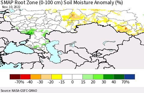 Russian Federation SMAP Root Zone (0-100 cm) Soil Moisture Anomaly (%) Thematic Map For 11/6/2022 - 11/10/2022