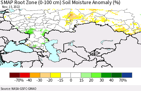 Russian Federation SMAP Root Zone (0-100 cm) Soil Moisture Anomaly (%) Thematic Map For 11/11/2022 - 11/15/2022