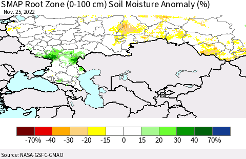Russian Federation SMAP Root Zone (0-100 cm) Soil Moisture Anomaly (%) Thematic Map For 11/21/2022 - 11/25/2022