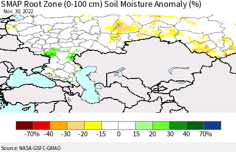 Russian Federation SMAP Root Zone (0-100 cm) Soil Moisture Anomaly (%) Thematic Map For 11/26/2022 - 11/30/2022