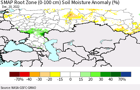 Russian Federation SMAP Root Zone (0-100 cm) Soil Moisture Anomaly (%) Thematic Map For 12/16/2022 - 12/20/2022