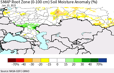 Russian Federation SMAP Root Zone (0-100 cm) Soil Moisture Anomaly (%) Thematic Map For 1/6/2023 - 1/10/2023