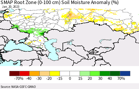 Russian Federation SMAP Root Zone (0-100 cm) Soil Moisture Anomaly (%) Thematic Map For 1/16/2023 - 1/20/2023