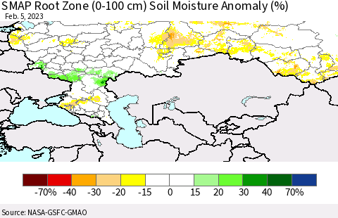 Russian Federation SMAP Root Zone (0-100 cm) Soil Moisture Anomaly (%) Thematic Map For 2/1/2023 - 2/5/2023
