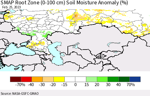 Russian Federation SMAP Root Zone (0-100 cm) Soil Moisture Anomaly (%) Thematic Map For 2/21/2023 - 2/25/2023