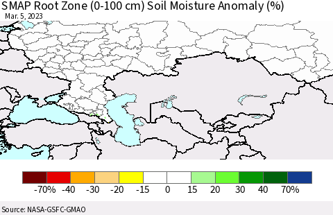 Russian Federation SMAP Root Zone (0-100 cm) Soil Moisture Anomaly (%) Thematic Map For 3/1/2023 - 3/5/2023