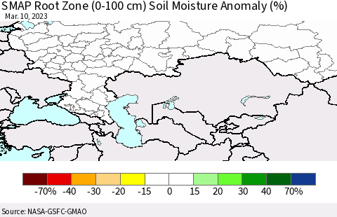 Russian Federation SMAP Root Zone (0-100 cm) Soil Moisture Anomaly (%) Thematic Map For 3/6/2023 - 3/10/2023