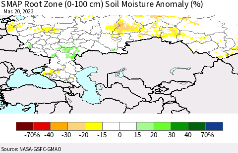 Russian Federation SMAP Root Zone (0-100 cm) Soil Moisture Anomaly (%) Thematic Map For 3/16/2023 - 3/20/2023