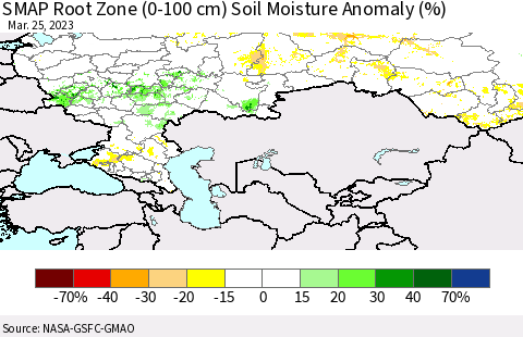 Russian Federation SMAP Root Zone (0-100 cm) Soil Moisture Anomaly (%) Thematic Map For 3/21/2023 - 3/25/2023