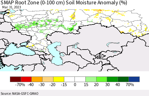 Russian Federation SMAP Root Zone (0-100 cm) Soil Moisture Anomaly (%) Thematic Map For 3/26/2023 - 3/31/2023