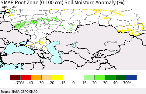 Russian Federation SMAP Root Zone (0-100 cm) Soil Moisture Anomaly (%) Thematic Map For 4/1/2023 - 4/5/2023