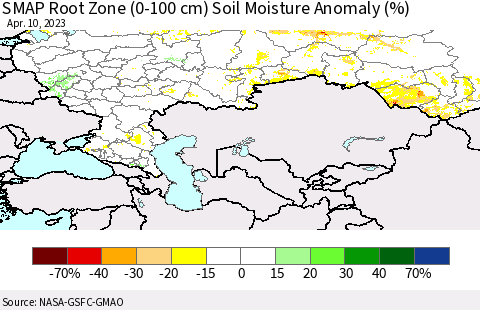 Russian Federation SMAP Root Zone (0-100 cm) Soil Moisture Anomaly (%) Thematic Map For 4/6/2023 - 4/10/2023