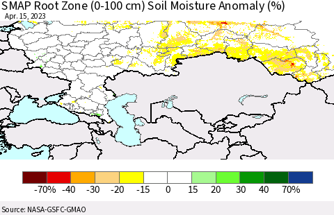 Russian Federation SMAP Root Zone (0-100 cm) Soil Moisture Anomaly (%) Thematic Map For 4/11/2023 - 4/15/2023
