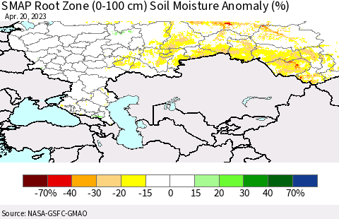 Russian Federation SMAP Root Zone (0-100 cm) Soil Moisture Anomaly (%) Thematic Map For 4/16/2023 - 4/20/2023