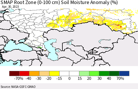 Russian Federation SMAP Root Zone (0-100 cm) Soil Moisture Anomaly (%) Thematic Map For 4/26/2023 - 4/30/2023