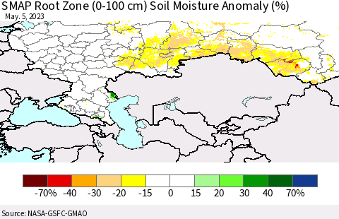 Russian Federation SMAP Root Zone (0-100 cm) Soil Moisture Anomaly (%) Thematic Map For 5/1/2023 - 5/5/2023