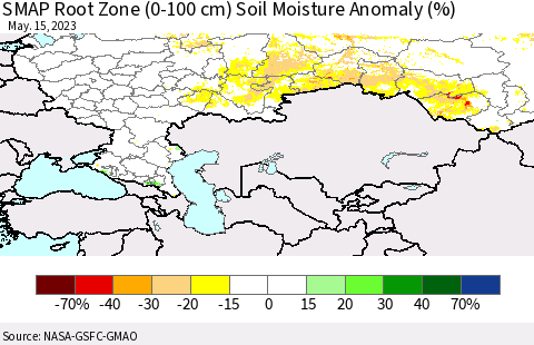 Russian Federation SMAP Root Zone (0-100 cm) Soil Moisture Anomaly (%) Thematic Map For 5/11/2023 - 5/15/2023