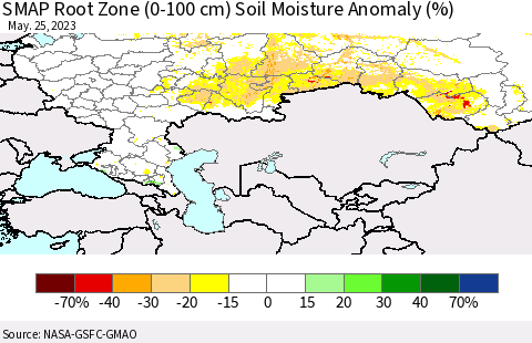 Russian Federation SMAP Root Zone (0-100 cm) Soil Moisture Anomaly (%) Thematic Map For 5/21/2023 - 5/25/2023