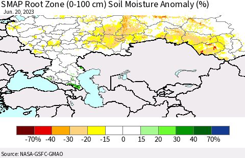 Russian Federation SMAP Root Zone (0-100 cm) Soil Moisture Anomaly (%) Thematic Map For 6/16/2023 - 6/20/2023