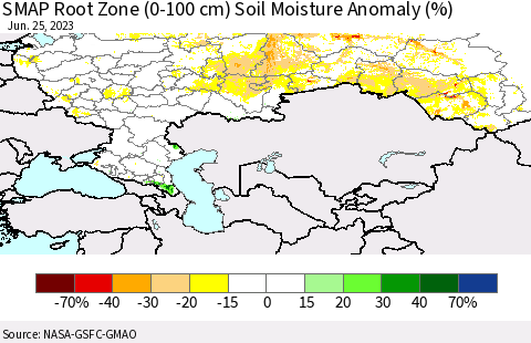 Russian Federation SMAP Root Zone (0-100 cm) Soil Moisture Anomaly (%) Thematic Map For 6/21/2023 - 6/25/2023