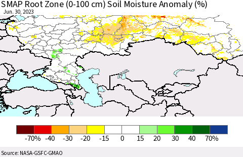 Russian Federation SMAP Root Zone (0-100 cm) Soil Moisture Anomaly (%) Thematic Map For 6/26/2023 - 6/30/2023