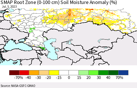 Russian Federation SMAP Root Zone (0-100 cm) Soil Moisture Anomaly (%) Thematic Map For 7/1/2023 - 7/5/2023