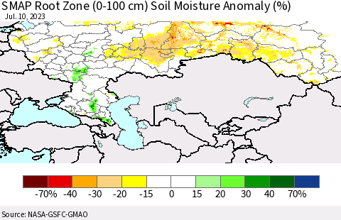 Russian Federation SMAP Root Zone (0-100 cm) Soil Moisture Anomaly (%) Thematic Map For 7/6/2023 - 7/10/2023
